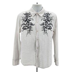 Vintage Pop Icon Clothing Mens Large Shirt Button Graphic Textured White Stripe